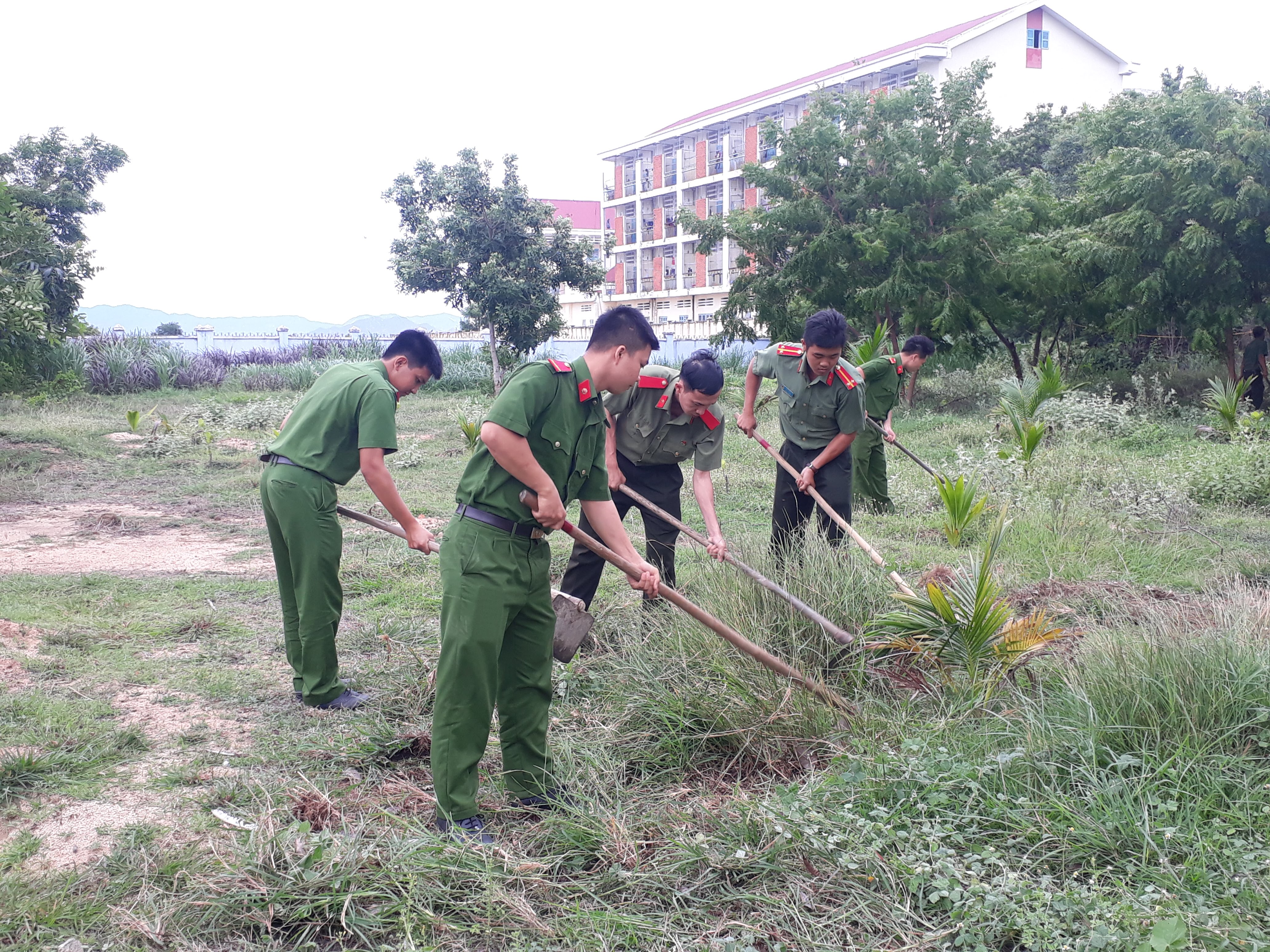 Cán bộ, giáo viên, nhân viên Trung tâm Hỗ trợ phát triển giáo dục hòa nhập tỉnh Ninh Thuận phối hợp với Đoàn TNCS Hồ Chí Minh Công an huyện Ninh Phước tiến hành cải tạo môi trường Trung tâm xanh-sạch-đẹp.